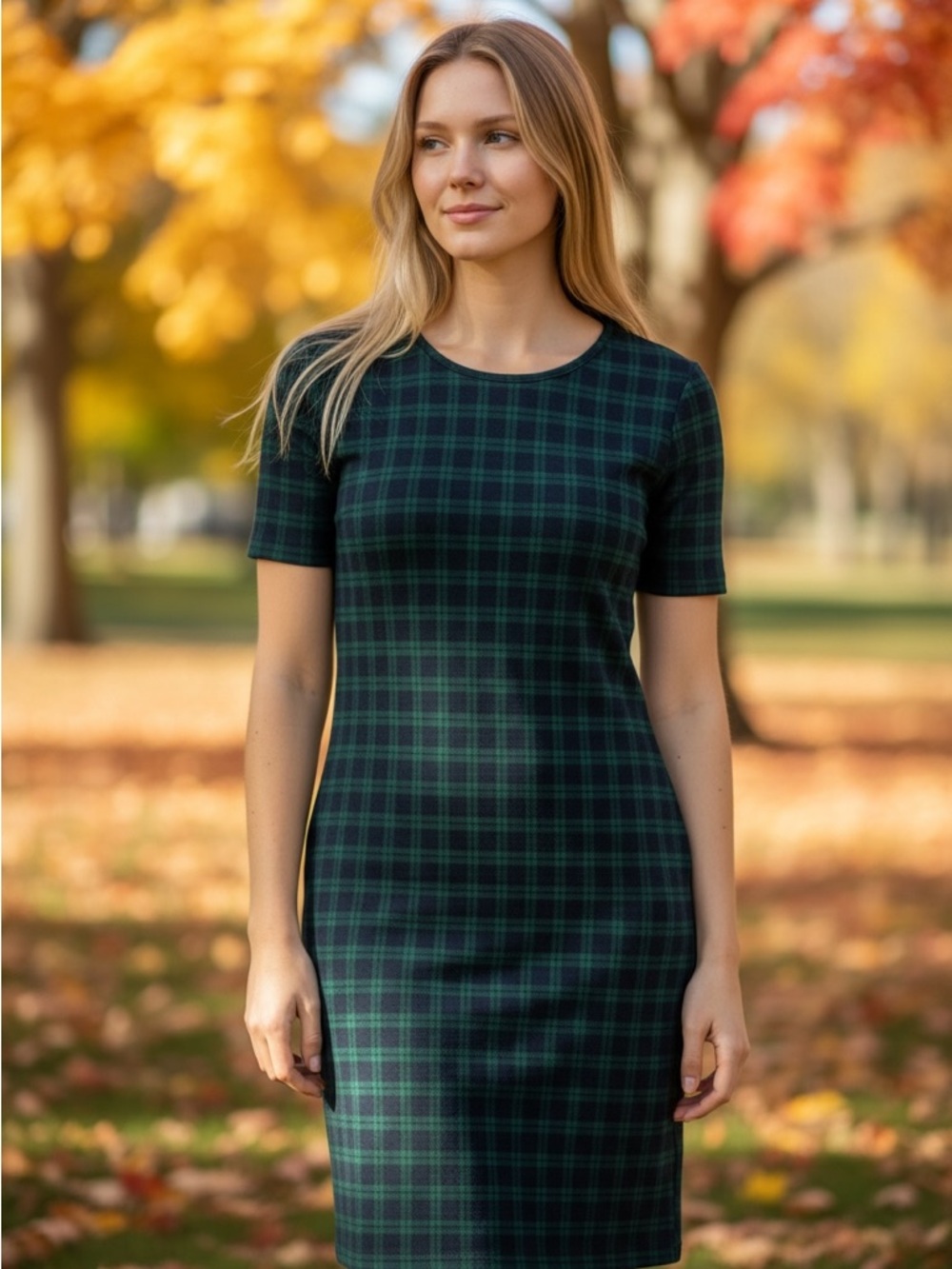 Green Plaid Midi Sheath Dress - Women